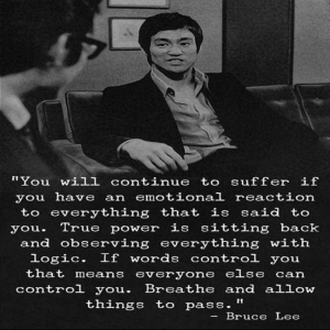 Quote: "You will continue to suffer if you have an emotional reaction to everything that is said to you. True power is sitting back and observing everything with logic. If words control you that means everyone else can control you. Breathe and allow things to pass." Bruce Lee